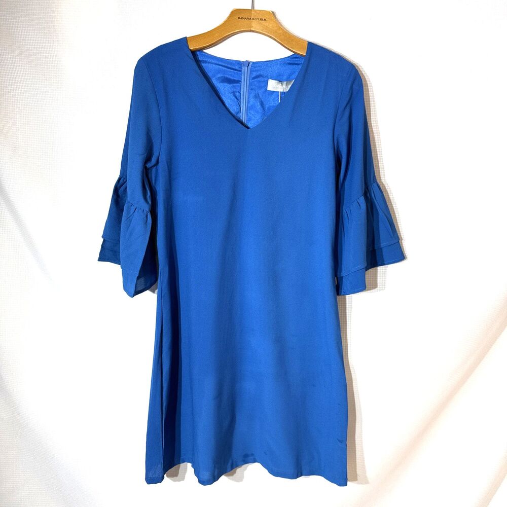 BELONGSCI Blue 3/4 Bell Sleeve Lined Shift Dress V-Neck Angel Sleeve - S - NWT